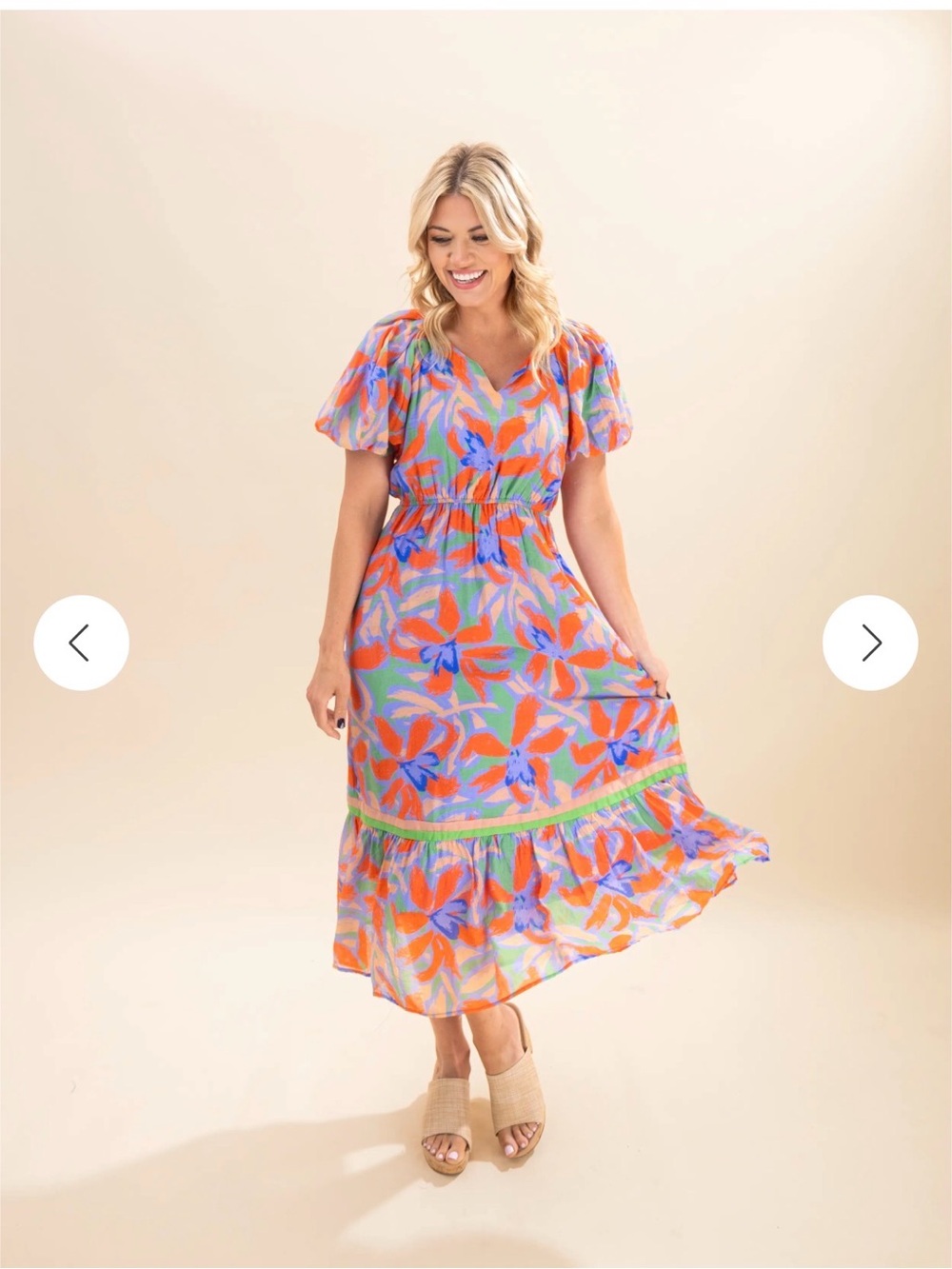 Umgee Floral Maxi Dress in Orange and Blue with Green Accents